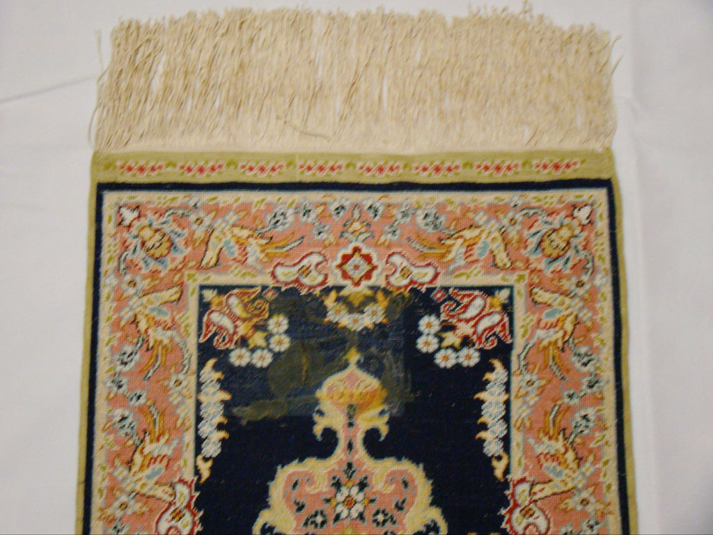 Antique Ozipek Hereke Silk Wall Carpet Hanging View – 62×31 cm with Tassels | Kingdom of Antique Arts