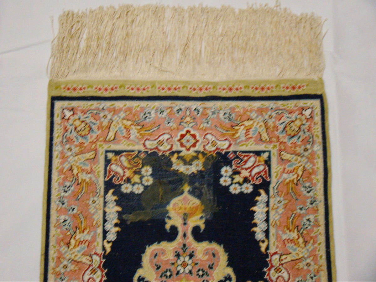 Antique Ozipek Hereke Silk Wall Carpet Hanging View – 62×31 cm with Tassels | Kingdom of Antique Arts