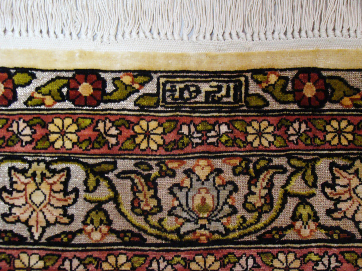 Signature Detail – Antique Ozipek Hereke Silk Wall Carpet, Master Weaver Signed, Pure Silk on Silk | Kingdom of Antique Arts