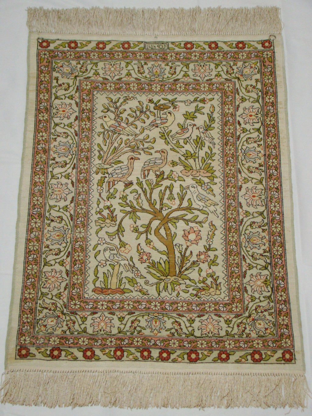 Tassels Detail – Antique Ozipek Hereke Silk Wall Carpet, 93×56 cm with Tassels, Perfect Condition | Kingdom of Antique Arts