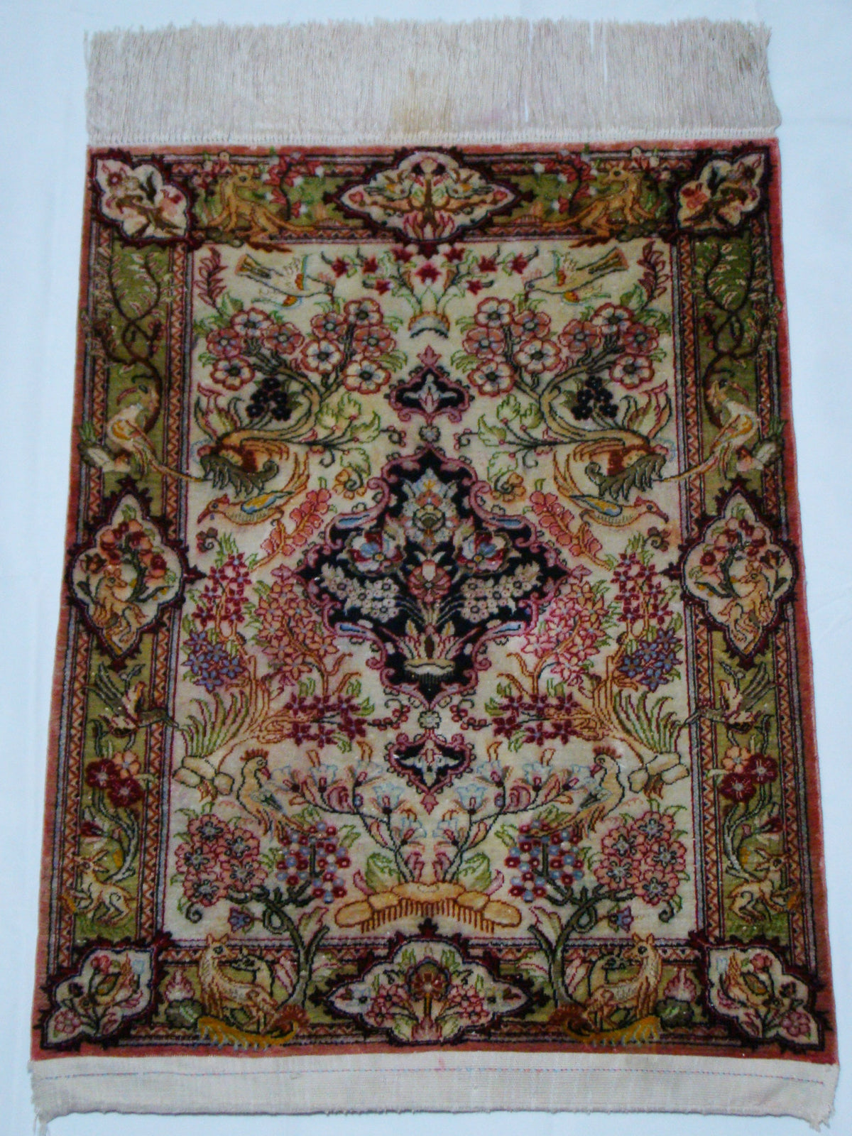 Antique Persian Qom Silk Wall Carpet – Isfahan Motif, Multicolor Floral Design | Kingdom of Antique Arts