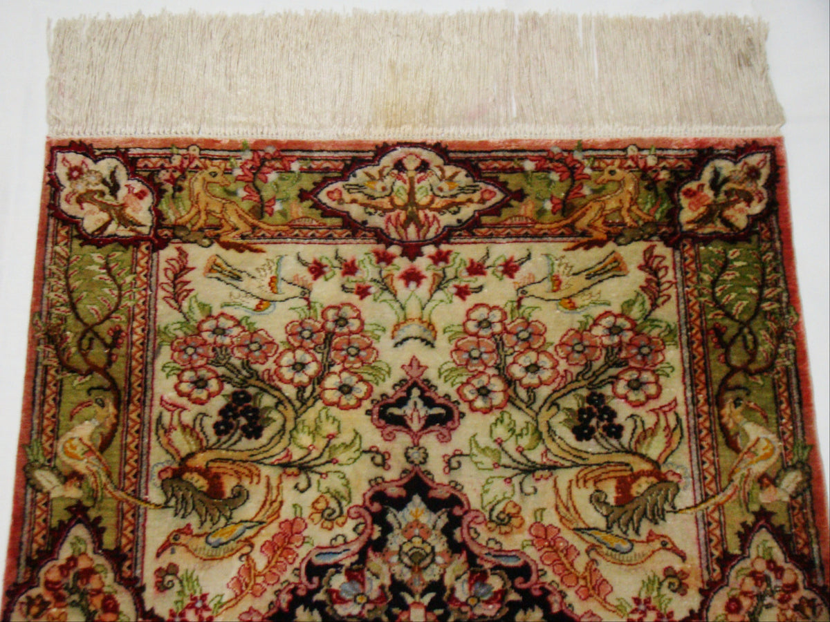 Antique Persian Qom Silk Carpet – Rare Isfahan Floral Motif, Hand-Knotted Wall Tapestry | Kingdom of Antique Arts