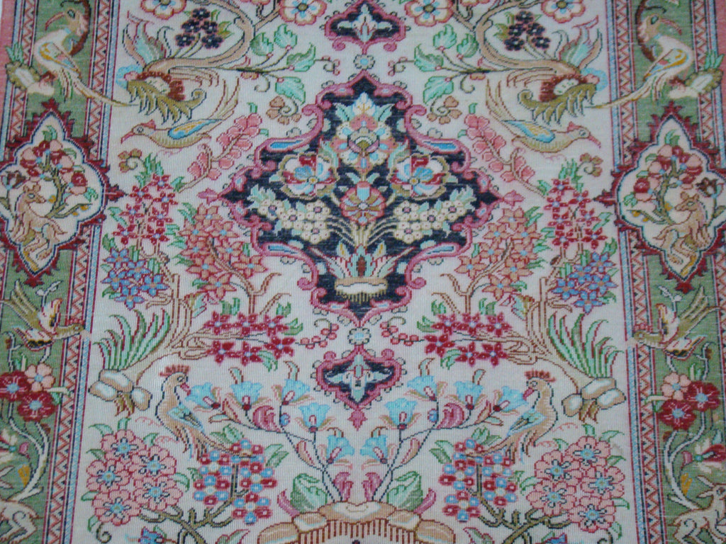 Tassels Detail – Antique Persian Qom Silk Wall Carpet, 90×57 cm with Tassels, No Damage | Kingdom of Antique Arts