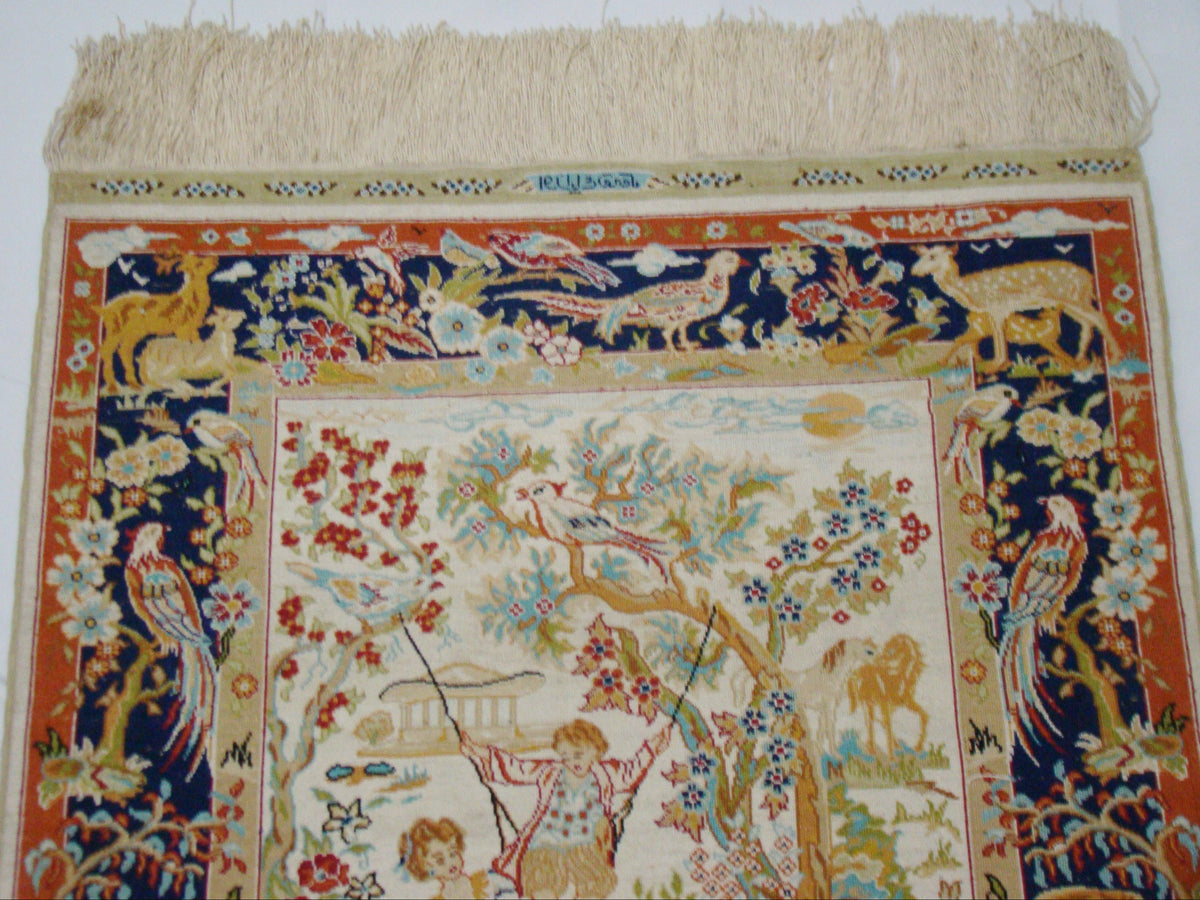 Color Detail – Antique Persian Ozipek Silk Wall Carpet, Rich Vibrant Multicolor, Pure Silk Surface | Kingdom of Antique Arts