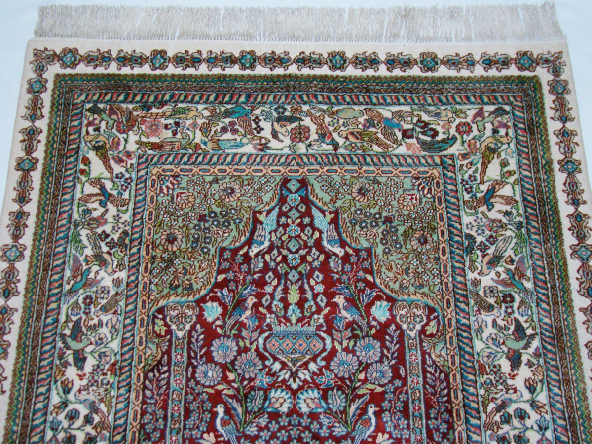 Antique Hereke silk wall carpet multicolor paradise motif close-up detail CA013