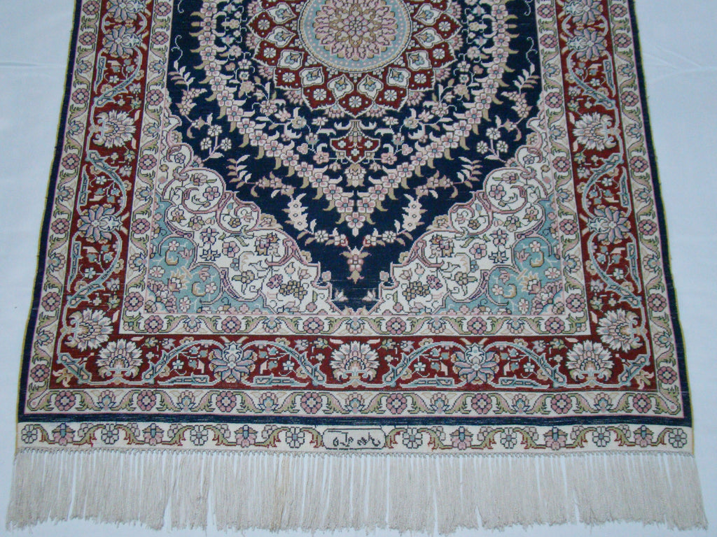 Antique Hereke silk wall carpet displayed on wall glory eye motif CA014