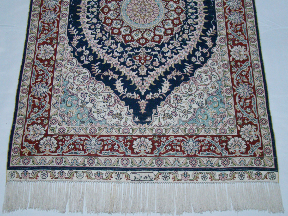 Antique Hereke silk wall carpet displayed on wall glory eye motif CA014