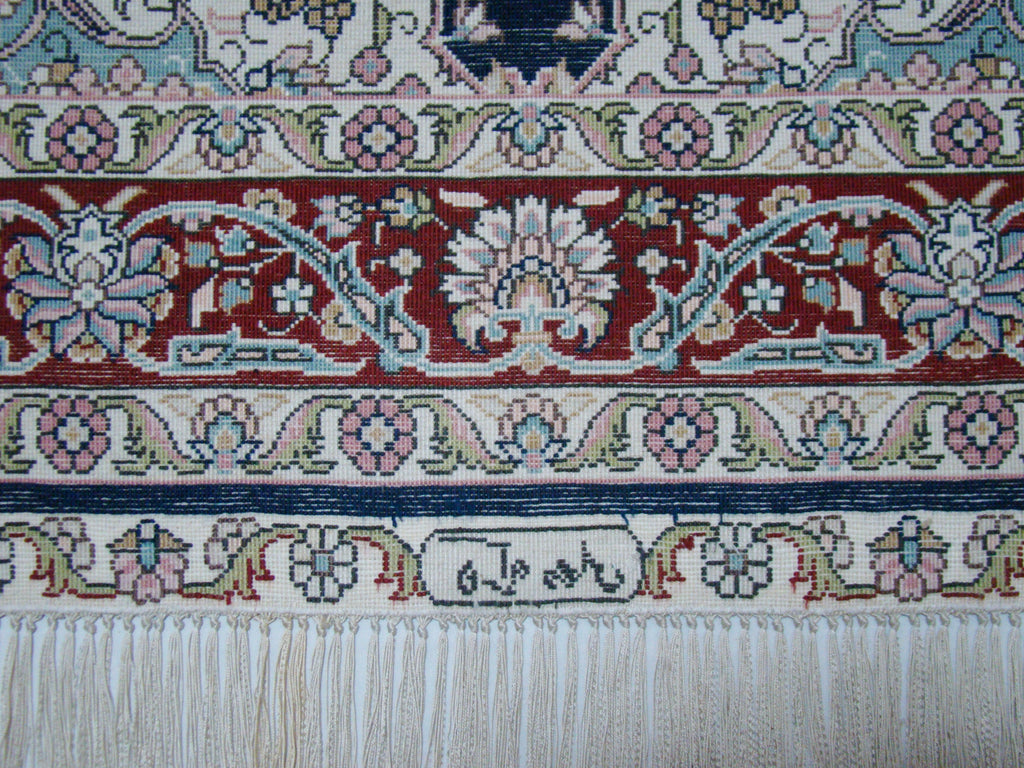 Antique signed Hereke silk wall carpet fine weave texture detail CA014