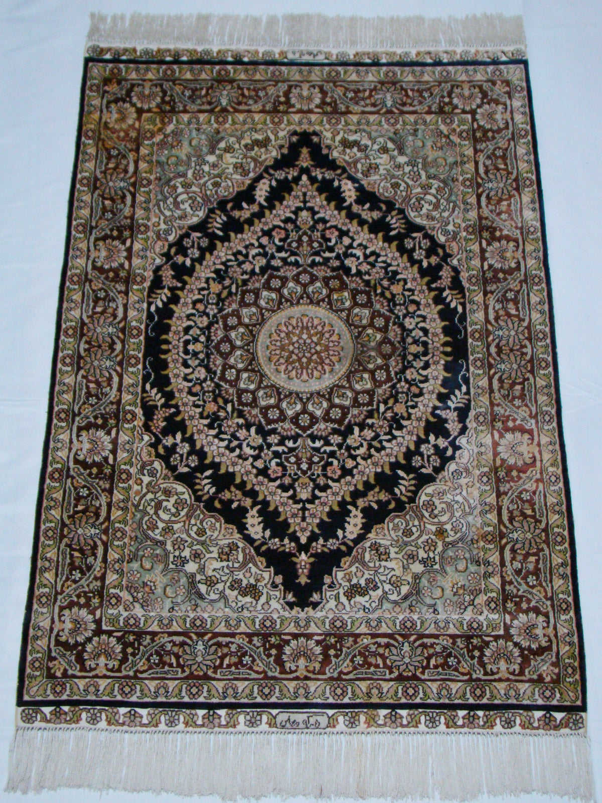 Antique signed Hereke silk wall carpet glory eye motif full view CA014