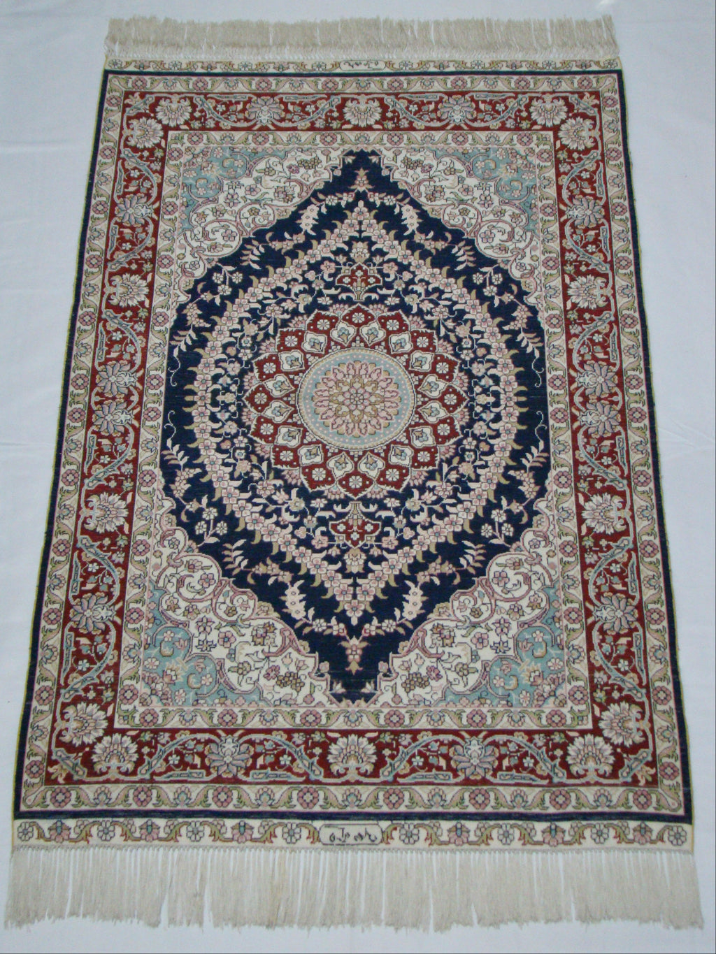 Antique signed Hereke silk wall carpet center detail CA014