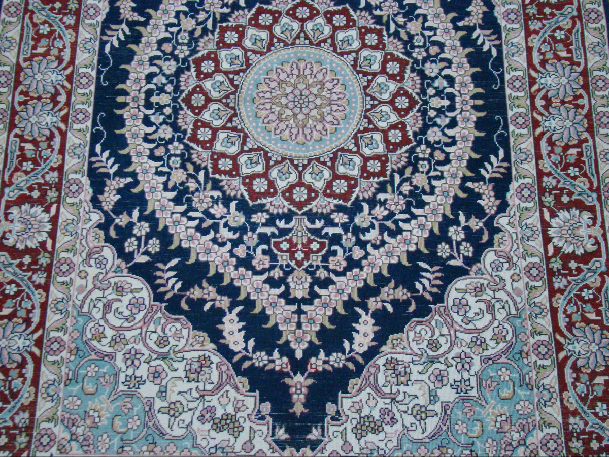 Antique signed Hereke silk wall carpet full back view CA014