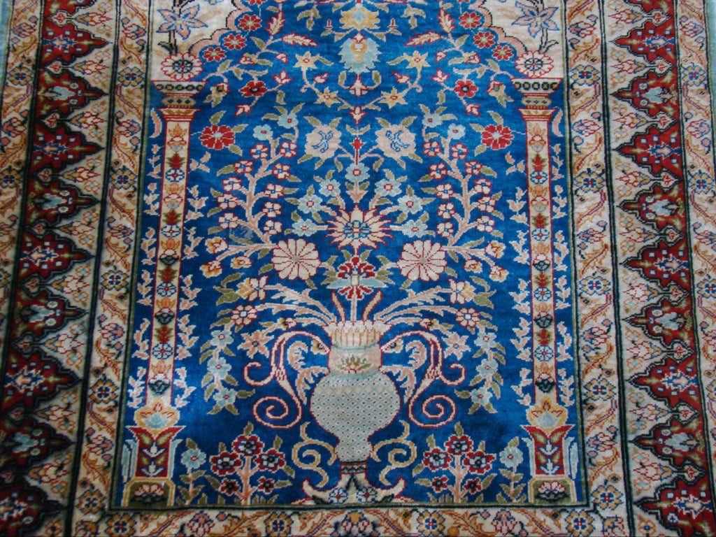 Antique Hereke silk on cotton wall carpet full length with tassel CA015