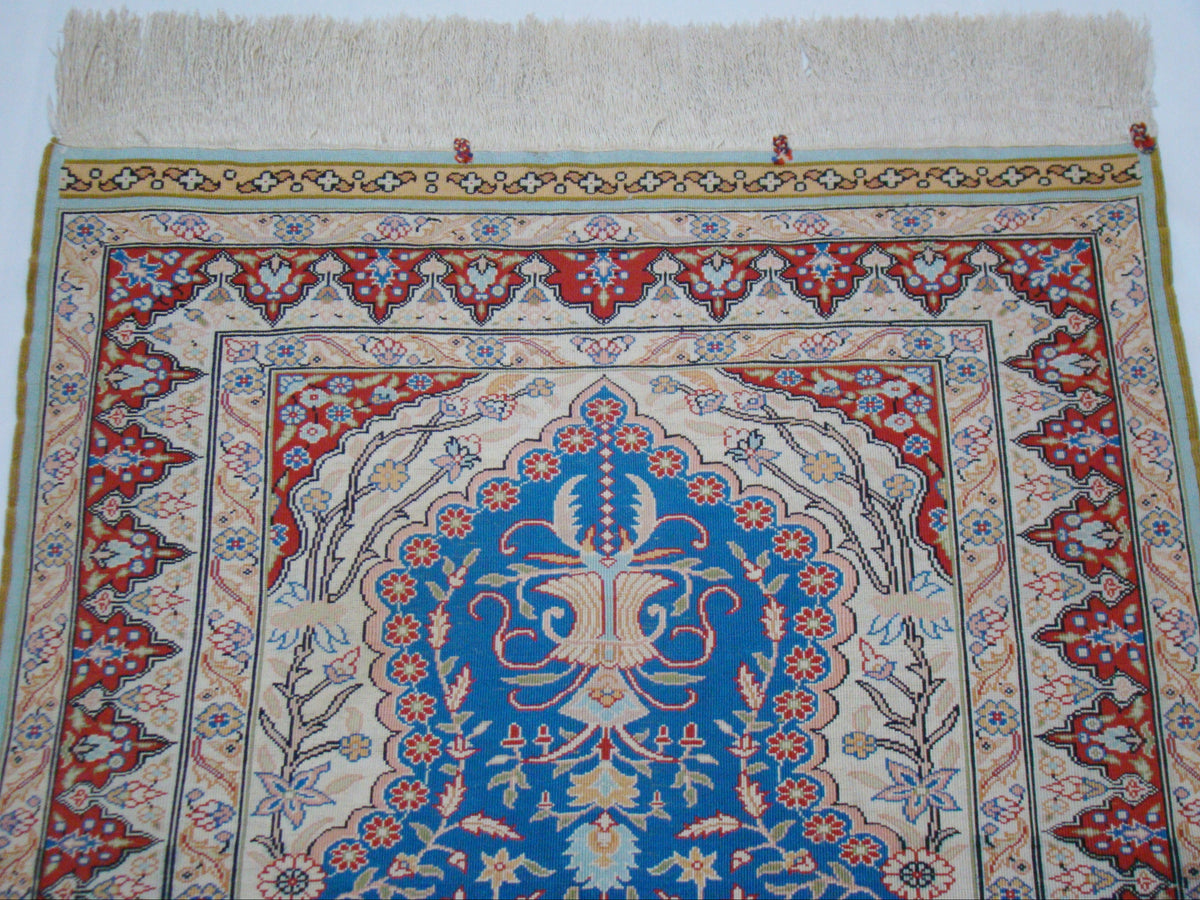 Antique Hereke silk wall carpet vibrant color detail CA015