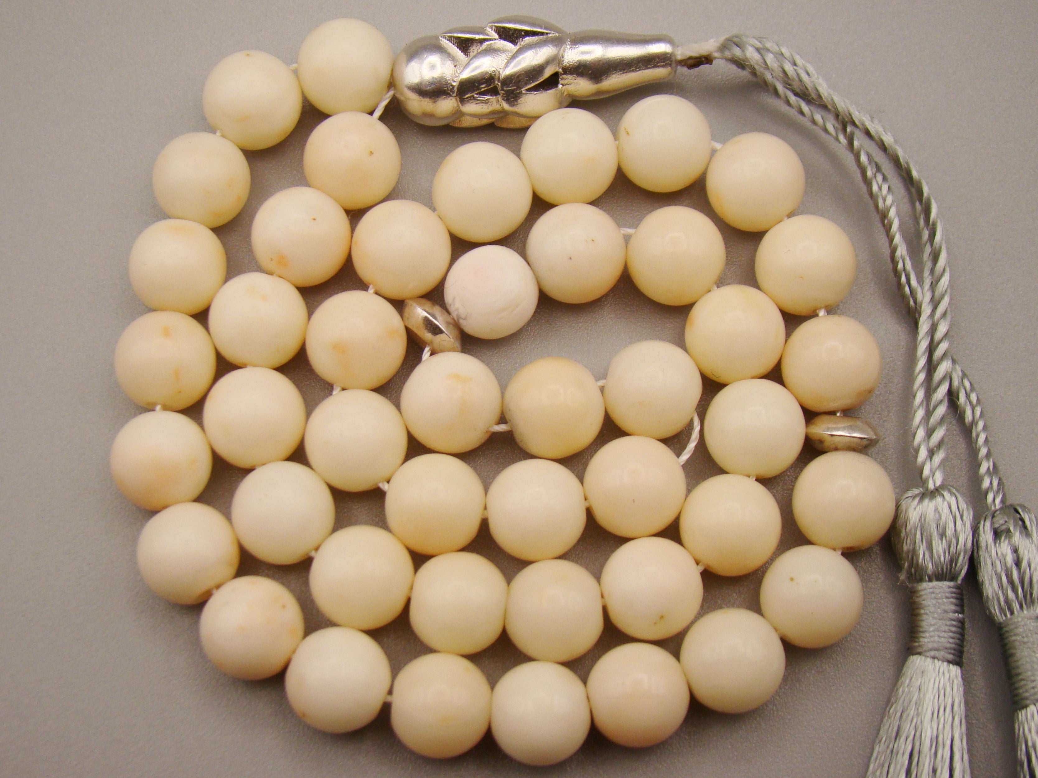 antique coral, natural coral, undyed coral, White angel skin coral, Italian coral, pacific coral, Sardinian Coral, sea coral, Mediterranean coral, Mediterranean Rosary, Mediterranean angel skin Rosary, White coral Rosary, handcarved coral, Sterling silver tassel, مسبحة, Masbaha, Muslim prayer beads حبيت الدورة ,