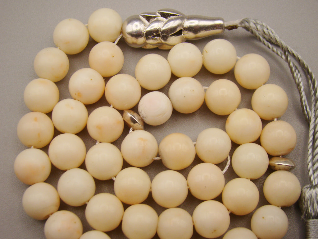 antique coral, natural coral, undyed coral, White angel skin coral, Italian coral, pacific coral, Sardinian Coral, sea coral, Mediterranean coral, Mediterranean Rosary, Mediterranean angel skin Rosary, White coral Rosary, handcarved coral, Sterling silver tassel, مسبحة, Masbaha, Muslim prayer beads حبيت الدورة ,