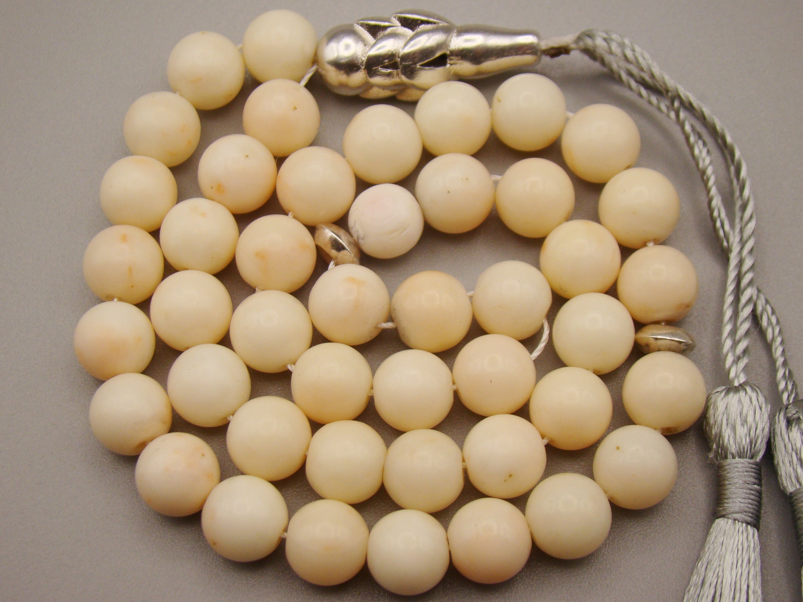 antique coral, natural coral, undyed coral, White angel skin coral, Italian coral, pacific coral, Sardinian Coral, sea coral, Mediterranean coral, Mediterranean Rosary, Mediterranean angel skin Rosary, White coral Rosary, handcarved coral, Sterling silver tassel, مسبحة, Masbaha, Muslim prayer beads حبيت الدورة ,