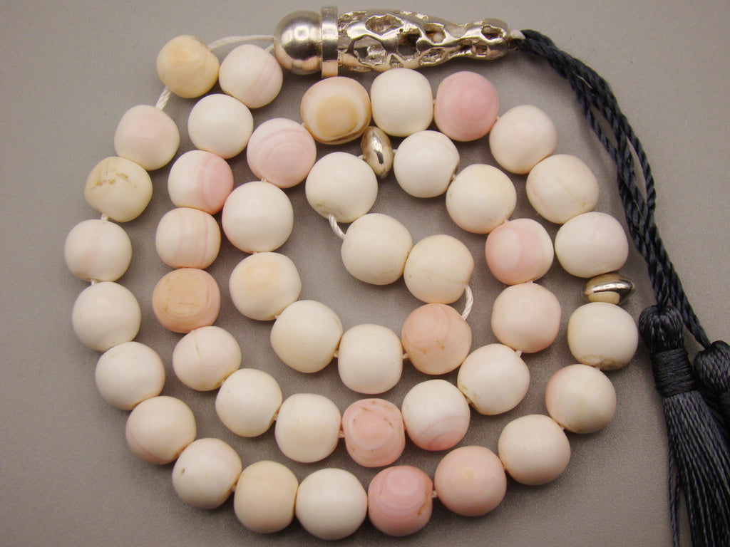antique coral, natural coral, undyed coral, White angel skin coral, Italian coral, pacific coral, Sardinian Coral, sea coral, Mediterranean coral, Mediterranean Rosary, Mediterranean angel skin Rosary, White coral Rosary, handcarved coral, Sterling silver tassel, مسبحة, Masbaha, Muslim prayer beads حبيت الدورة ,