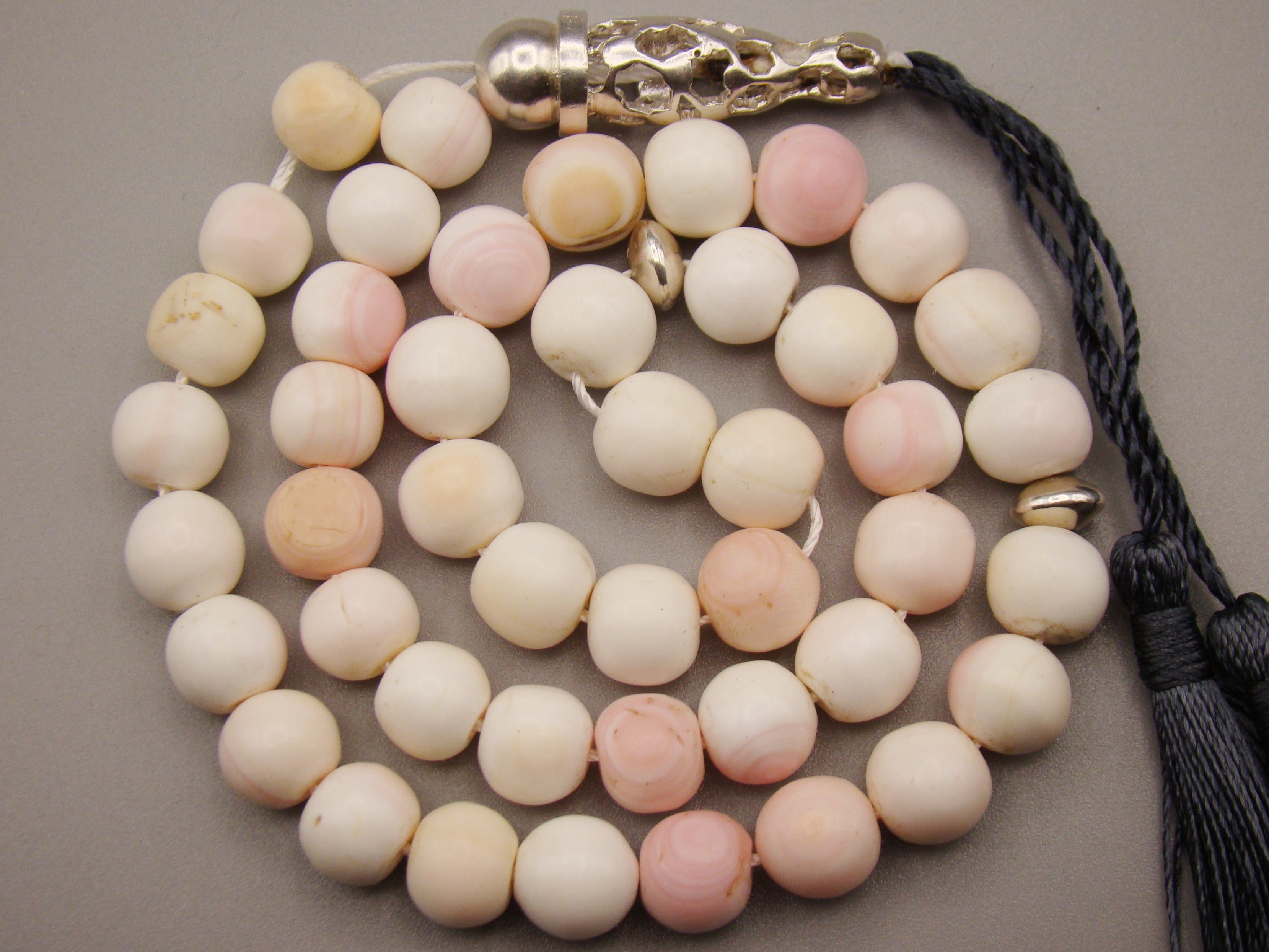 antique coral, natural coral, undyed coral, White angel skin coral, Italian coral, pacific coral, Sardinian Coral, sea coral, Mediterranean coral, Mediterranean Rosary, Mediterranean angel skin Rosary, White coral Rosary, handcarved coral, Sterling silver tassel, مسبحة, Masbaha, Muslim prayer beads حبيت الدورة ,