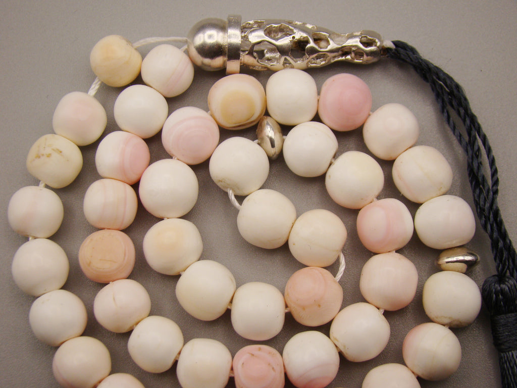 antique coral, natural coral, undyed coral, White angel skin coral, Italian coral, pacific coral, Sardinian Coral, sea coral, Mediterranean coral, Mediterranean Rosary, Mediterranean angel skin Rosary, White coral Rosary, handcarved coral, Sterling silver tassel, مسبحة, Masbaha, Muslim prayer beads حبيت الدورة ,