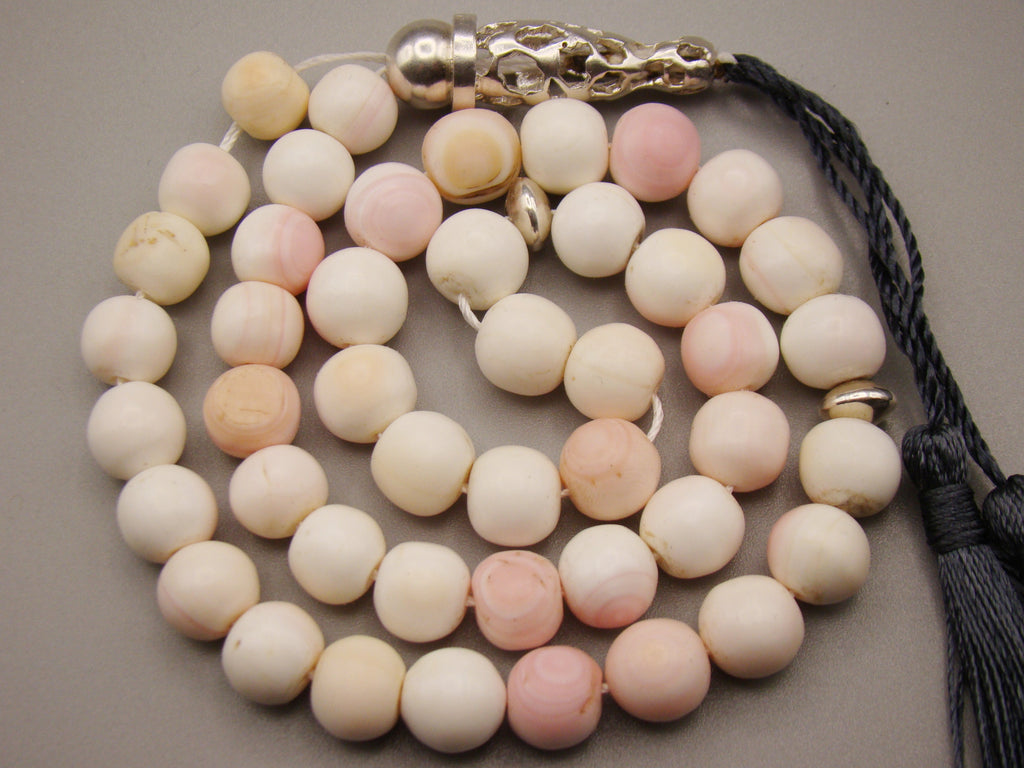antique coral, natural coral, undyed coral, White angel skin coral, Italian coral, pacific coral, Sardinian Coral, sea coral, Mediterranean coral, Mediterranean Rosary, Mediterranean angel skin Rosary, White coral Rosary, handcarved coral, Sterling silver tassel, مسبحة, Masbaha, Muslim prayer beads حبيت الدورة ,