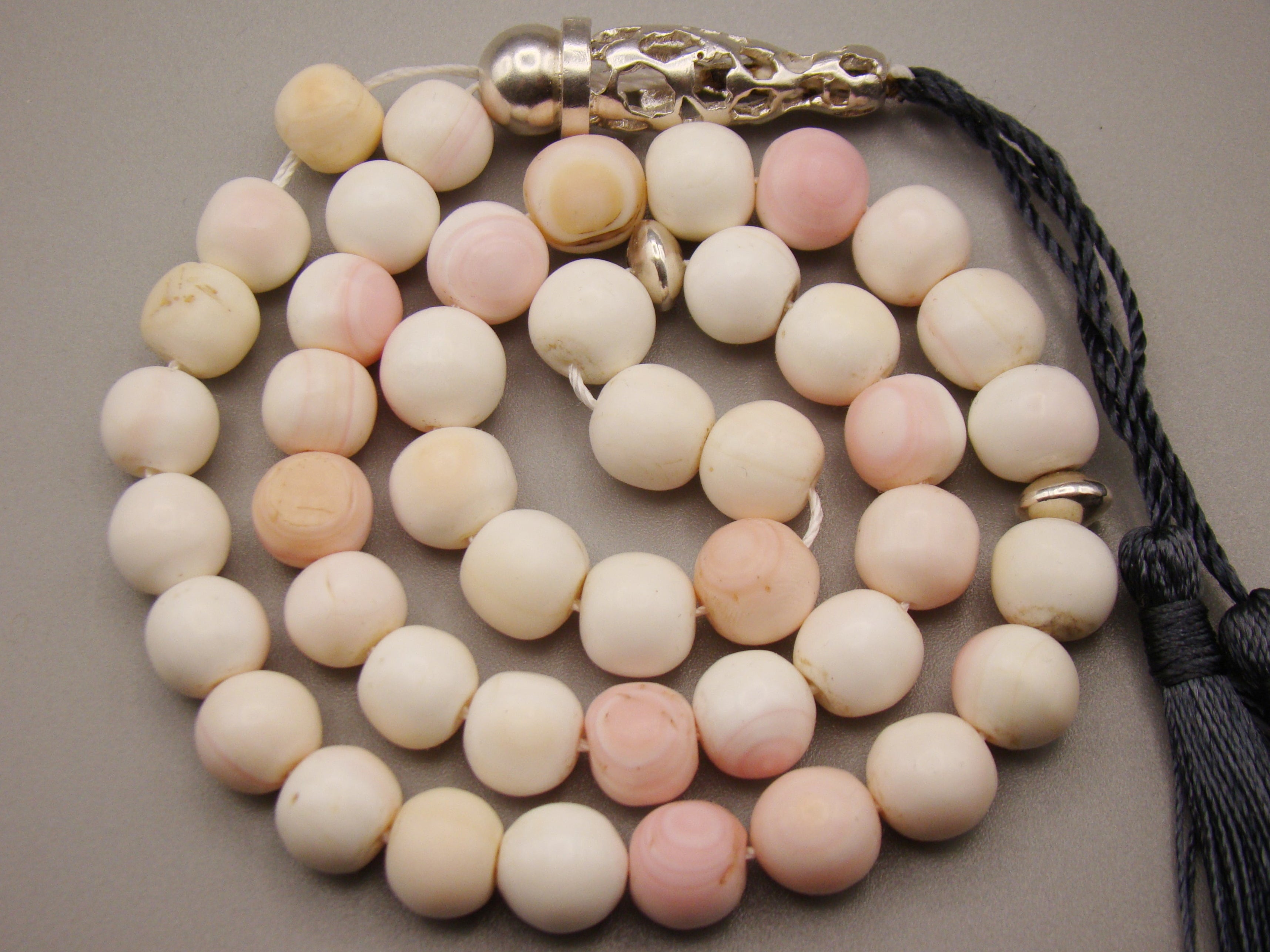 antique coral, natural coral, undyed coral, White angel skin coral, Italian coral, pacific coral, Sardinian Coral, sea coral, Mediterranean coral, Mediterranean Rosary, Mediterranean angel skin Rosary, White coral Rosary, handcarved coral, Sterling silver tassel, مسبحة, Masbaha, Muslim prayer beads حبيت الدورة ,
