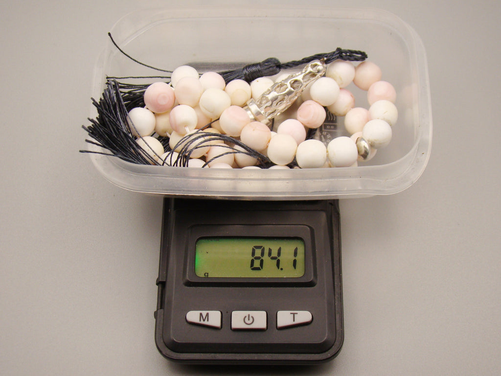 antique coral, natural coral, undyed coral, White angel skin coral, Italian coral, pacific coral, Sardinian Coral, sea coral, Mediterranean coral, Mediterranean Rosary, Mediterranean angel skin Rosary, White coral Rosary, handcarved coral, Sterling silver tassel, مسبحة, Masbaha, Muslim prayer beads حبيت الدورة ,