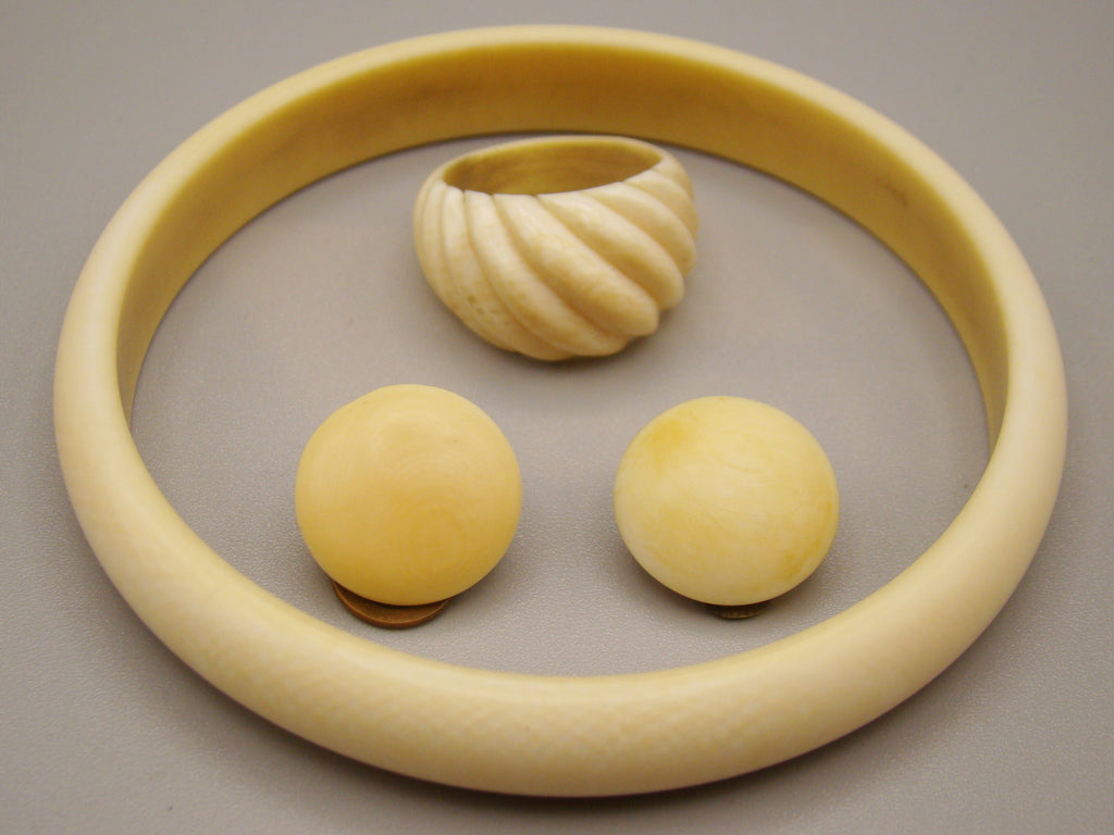 Antique Natural Elephant Ivory Bracelet + Earrings + Ring - Set - Kingdom of Antique Arts