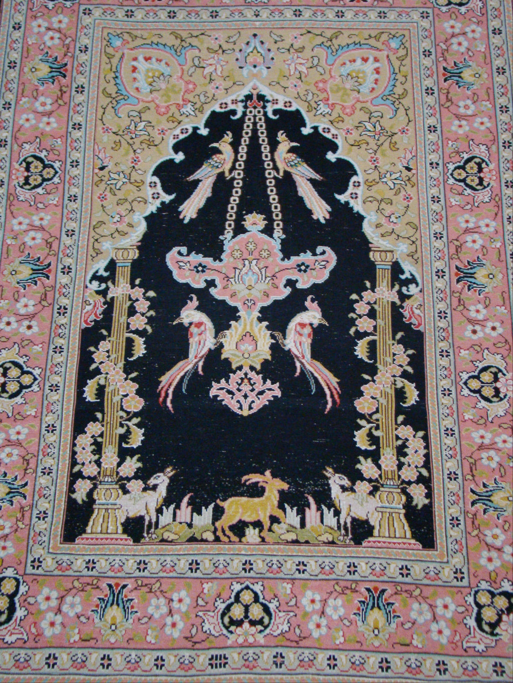Antique Ozipek Hereke silk wall carpet displayed on wall paradise motif CA016