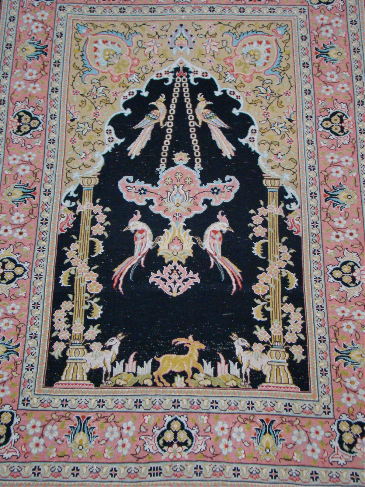 Antique Ozipek Hereke silk wall carpet displayed on wall paradise motif CA016