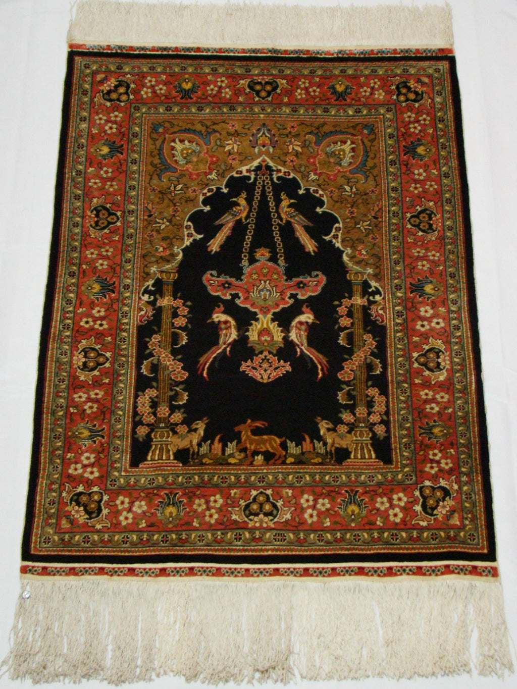Antique Ozipek Hereke silk wall carpet paradise motif full view CA016