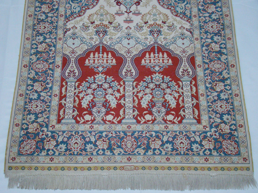 Antique signed Hereke silk wall carpet signature detail CA017