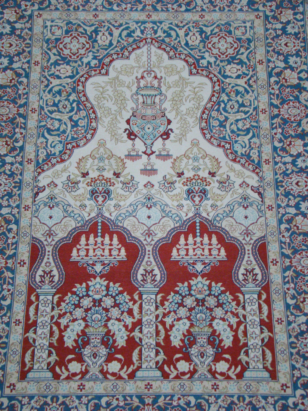 Antique signed Hereke silk wall carpet displayed on wall mosque motif CA017