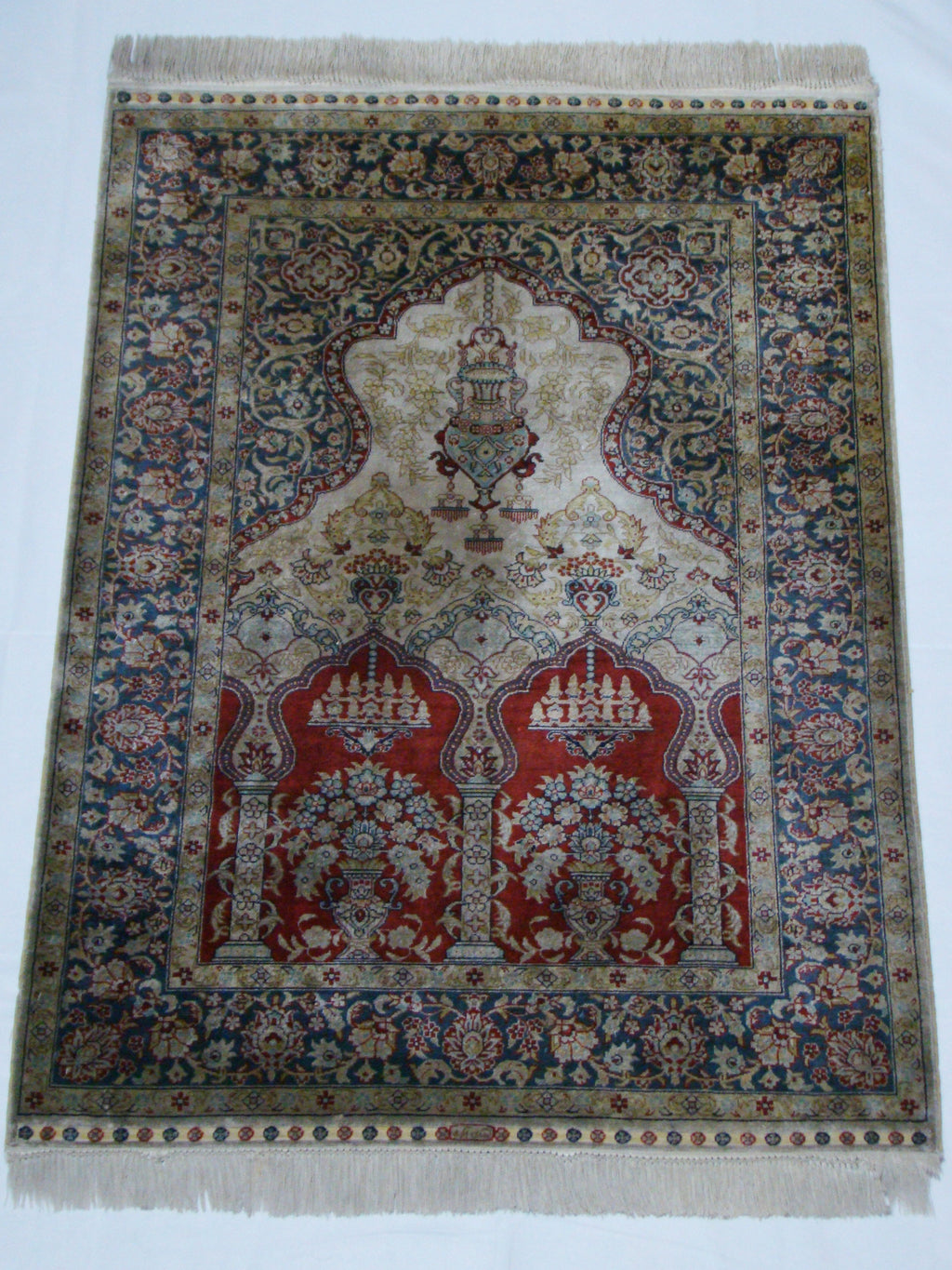 Antique signed Hereke silk wall carpet mosque motif full view CA017