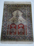 Antique signed Hereke silk wall carpet mosque motif full view CA017
