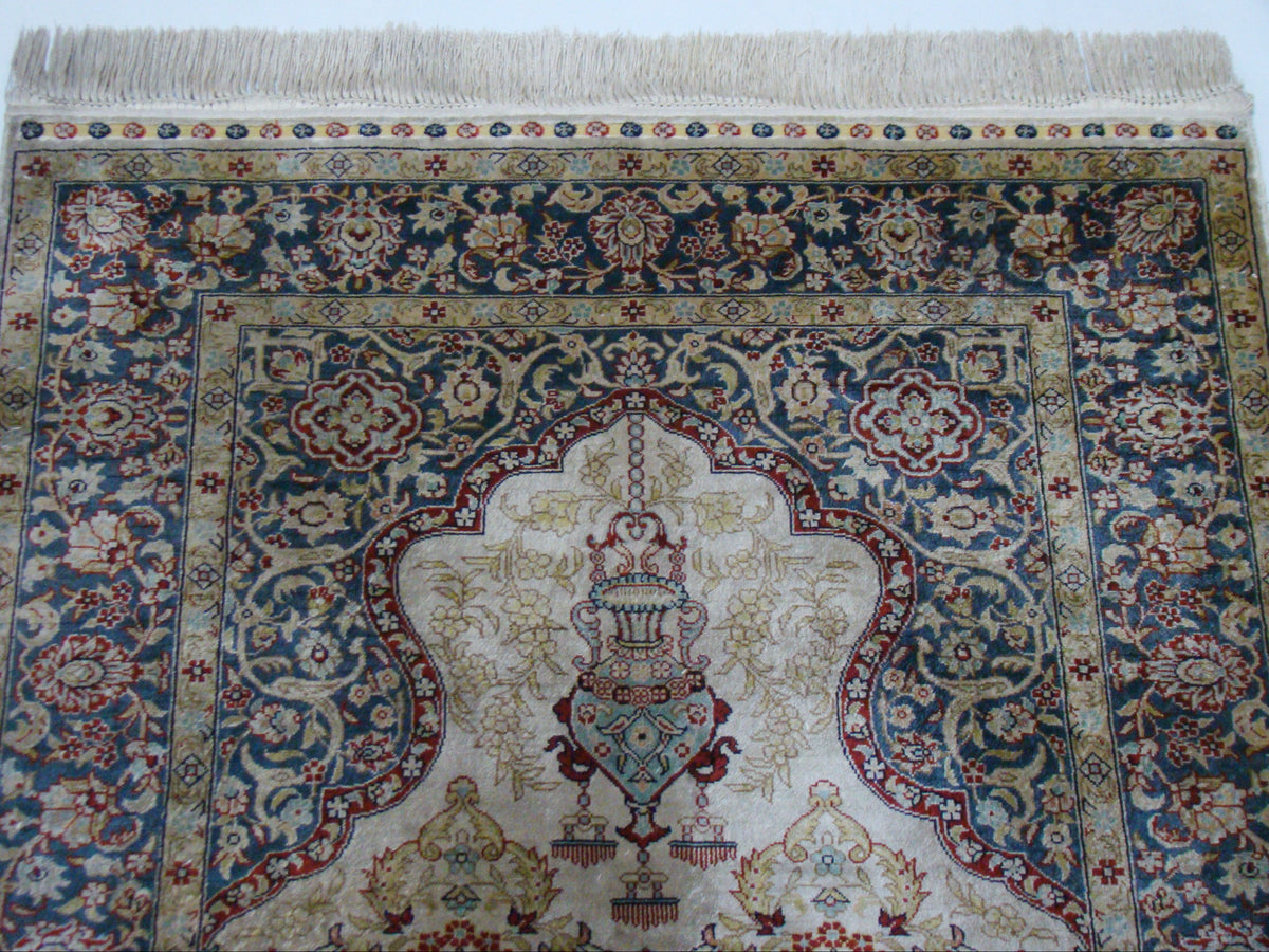 Antique signed Hereke silk wall carpet mosque architecture detail multicolor CA017