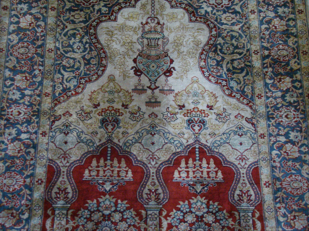 Antique signed Hereke silk on cotton wall carpet full length with tassel CA017
