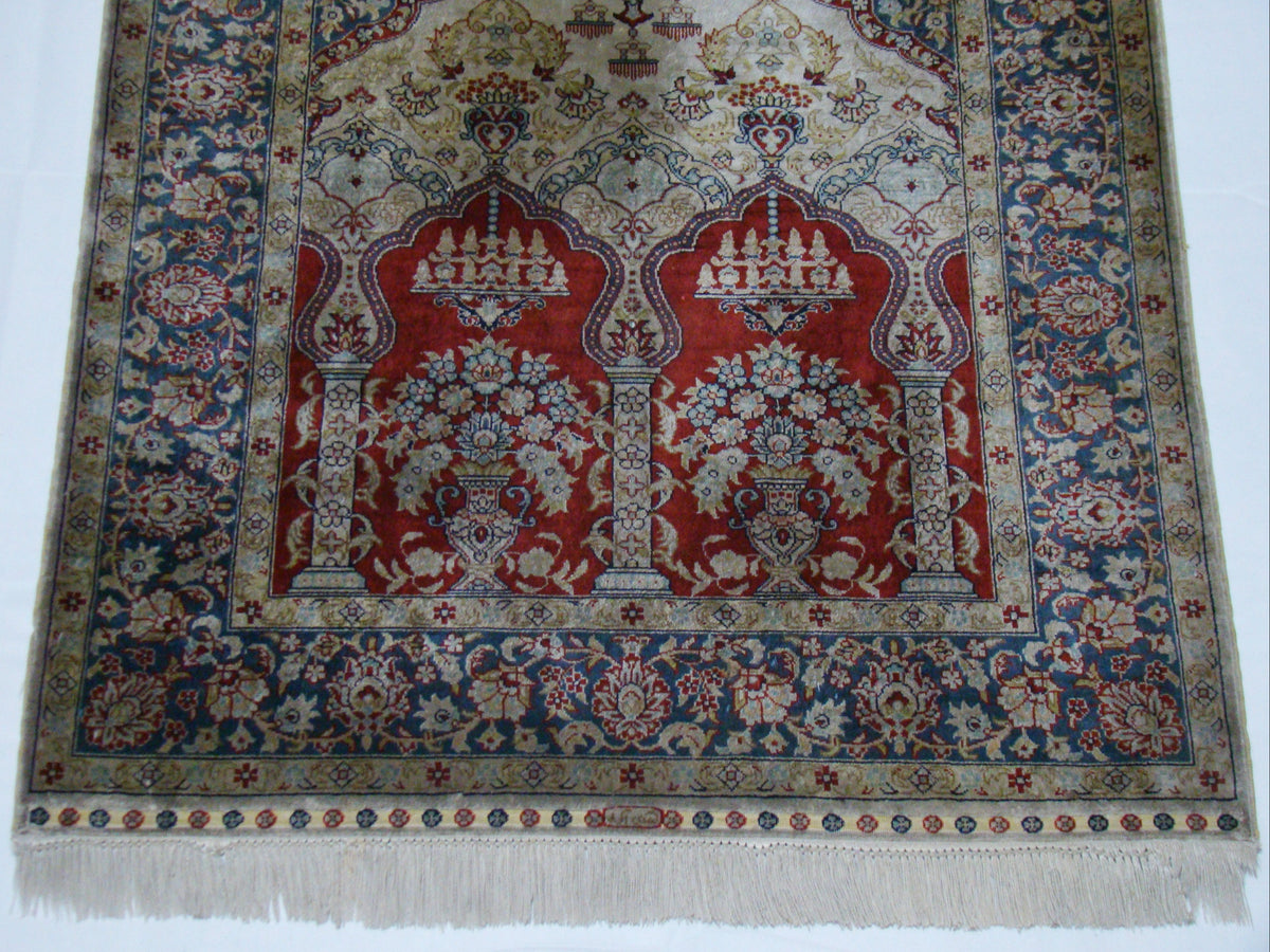 Rare antique signed Hereke silk wall carpet Islamic mosque ornamentation CA017