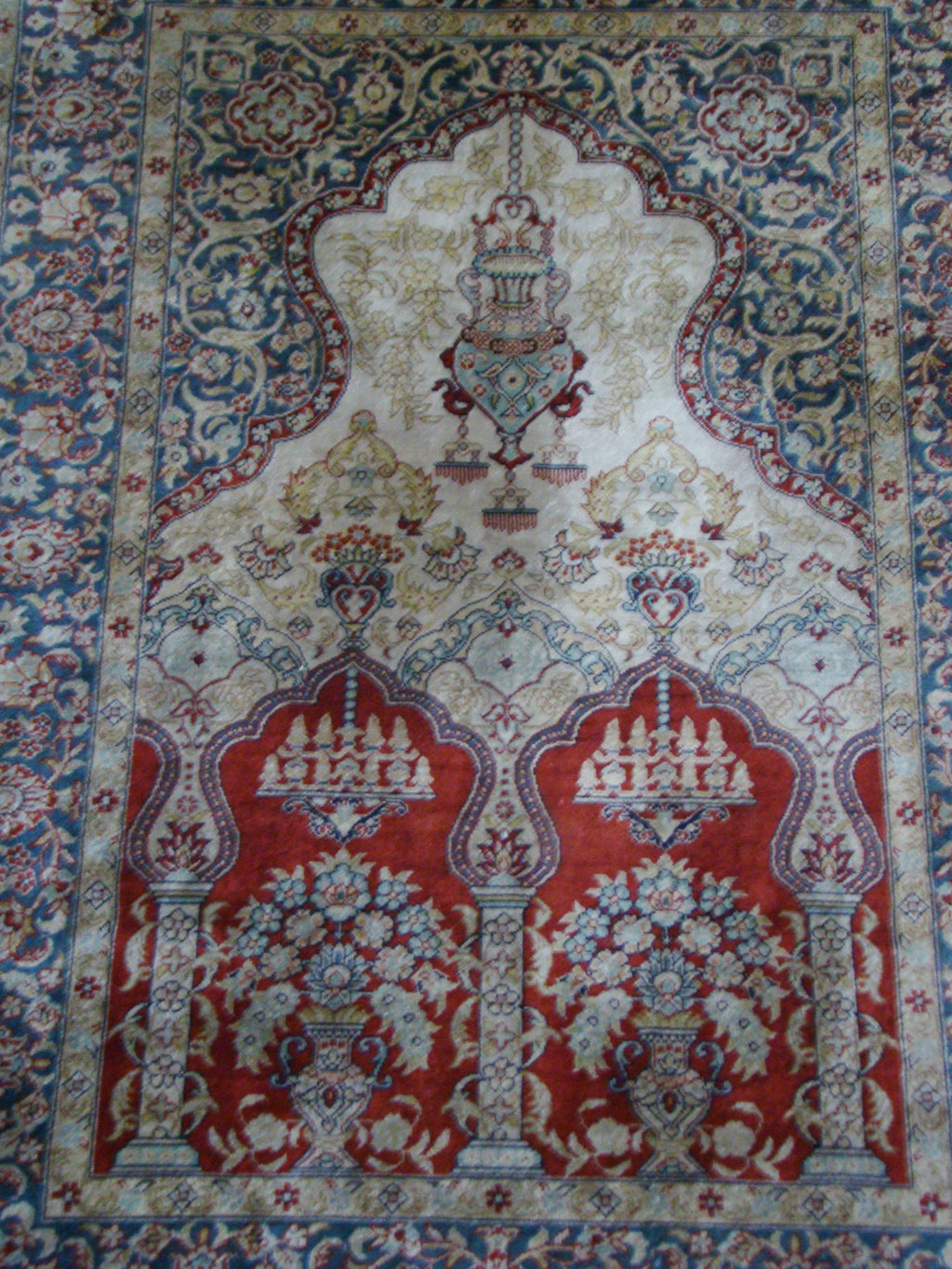 Antique signed Hereke silk wall carpet fine weave texture detail CA017