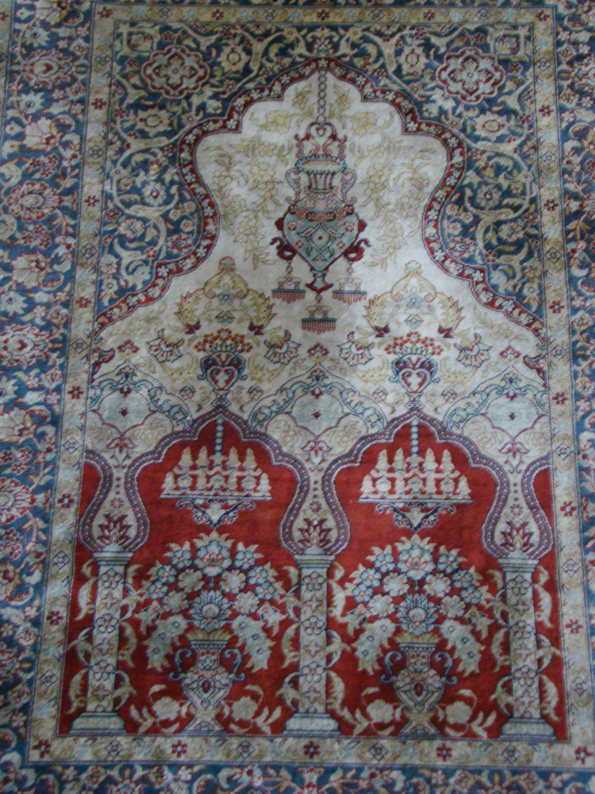 Antique signed Hereke silk wall carpet fine weave texture detail CA017
