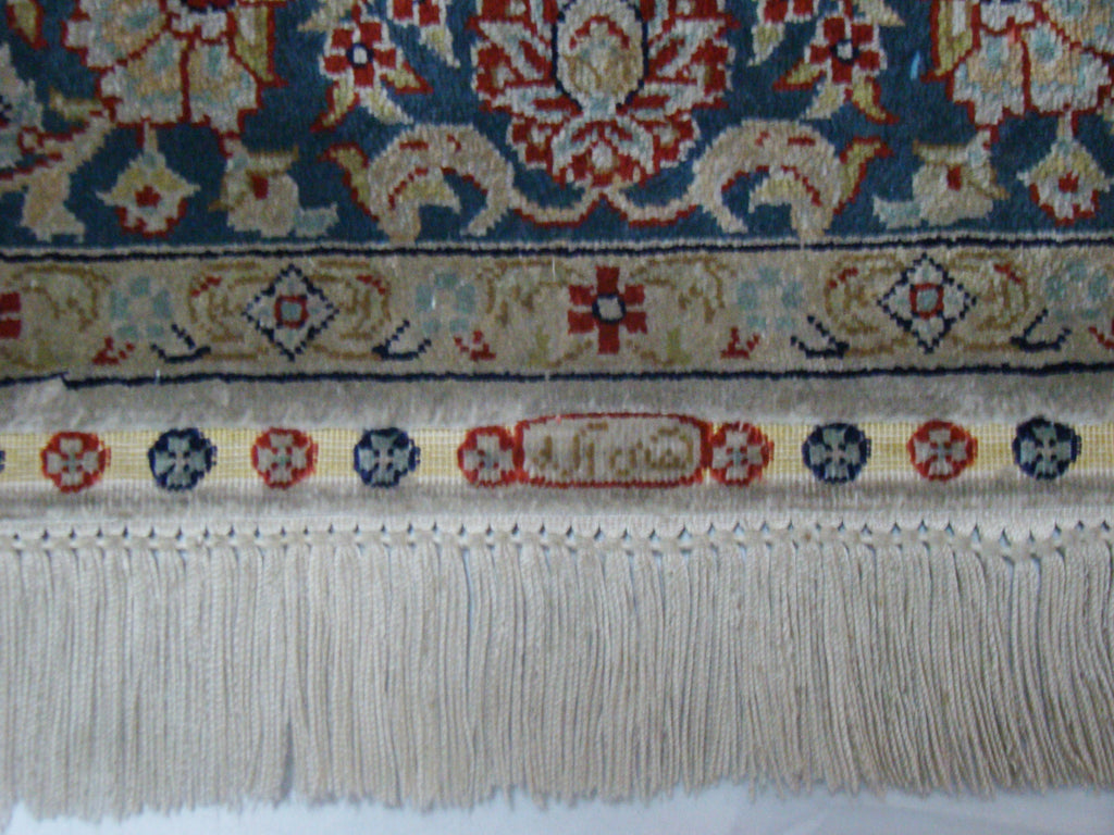 Antique signed Hereke silk wall carpet mosque wall detail close-up CA017