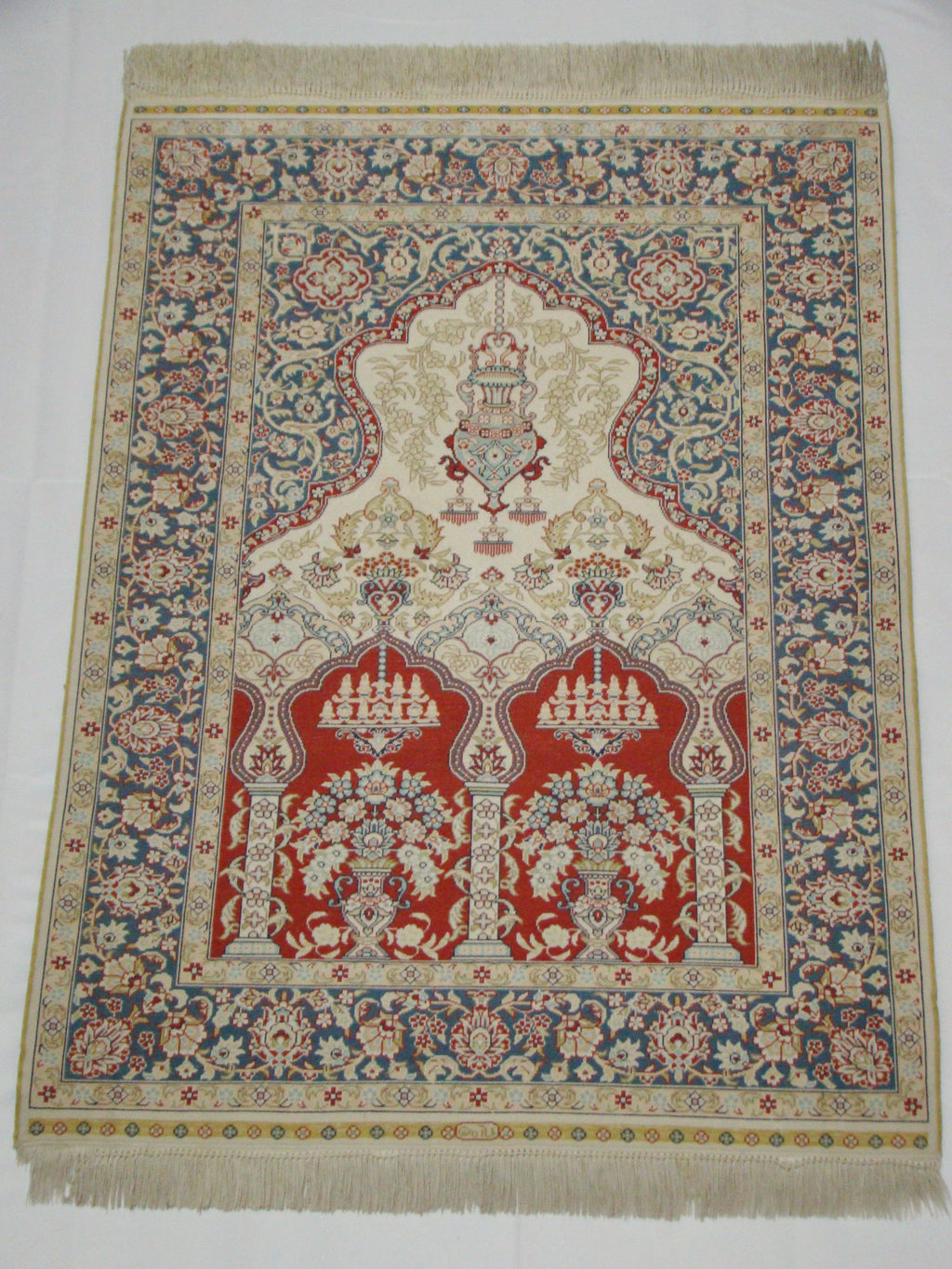 Antique signed Hereke silk wall carpet center composition mosque motif CA017