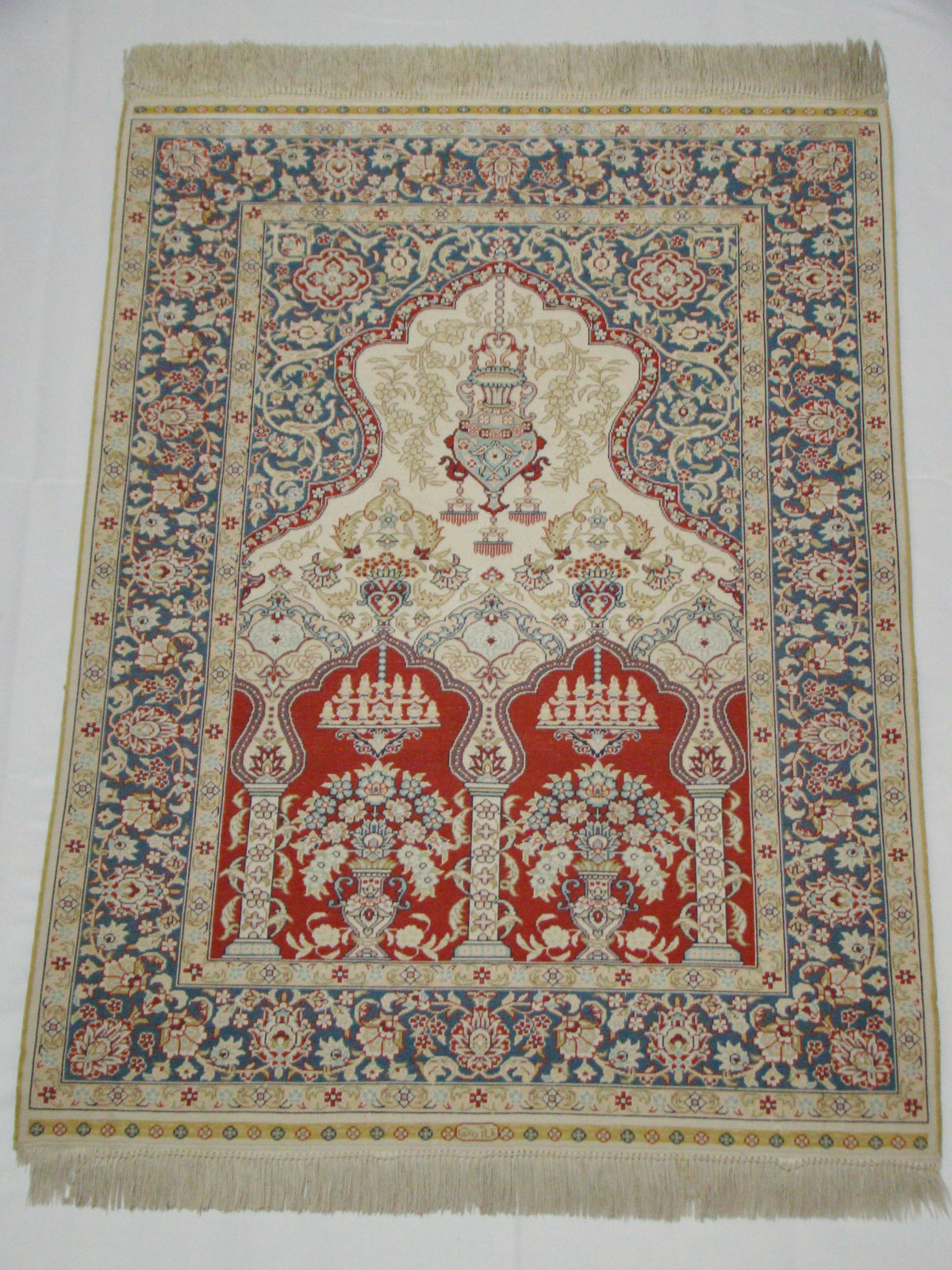 Antique signed Hereke silk wall carpet center composition mosque motif CA017