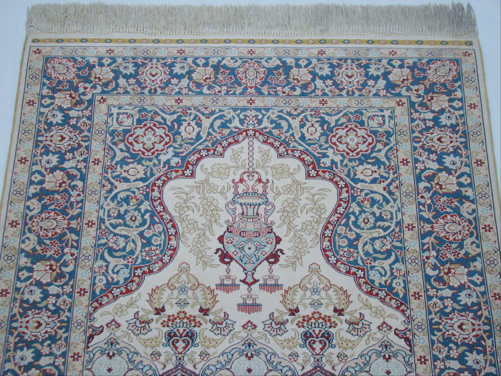 Antique signed Hereke silk wall carpet corner detail Islamic design CA017