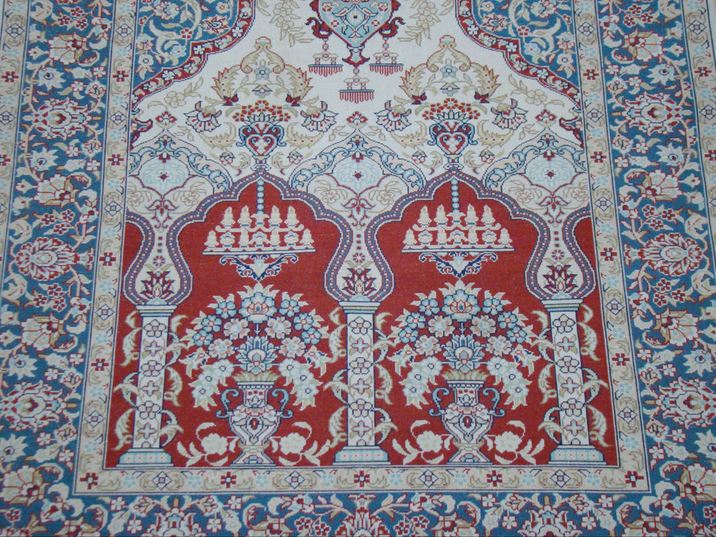 Antique signed Hereke silk wall carpet border detail multicolor CA017