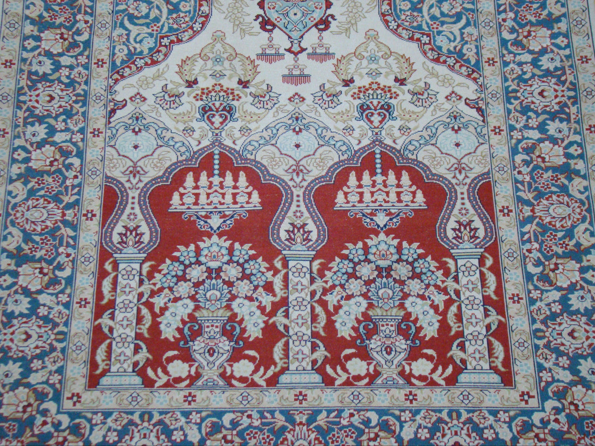 Antique signed Hereke silk wall carpet border detail multicolor CA017