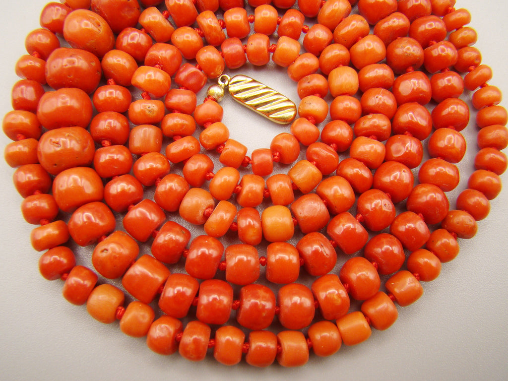 antique coral, natural coral, undyed coral, dark red coral, blood red coral, Italian coral, pacific coral, Sardinian Coral, Coral beads, Coral Rosary beads, Coral chain, Coral necklace, sea coral, aka coral, 14 karat Gold clasp