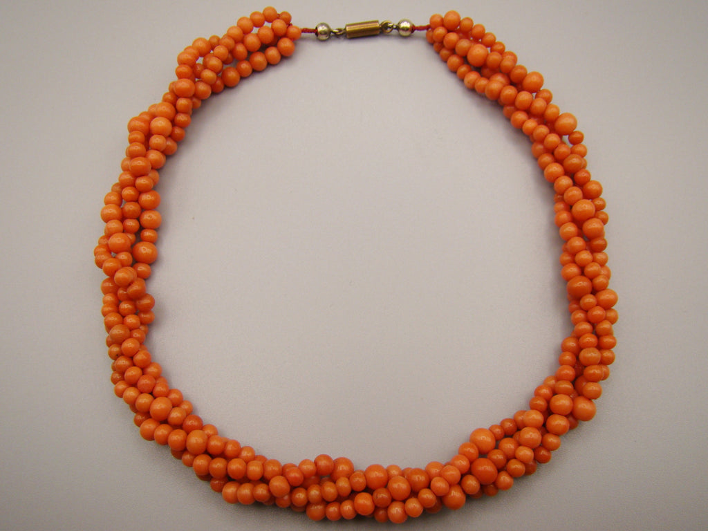 antique coral, natural coral, undyed coral, dark orange coral, Italian coral, pacific coral, Sardinian Coral, sea coral, Mediterranean coral, Mediterranean orange, handcarved coral, orange coral, 14 karat gold clasp, coral necklace, coral chain