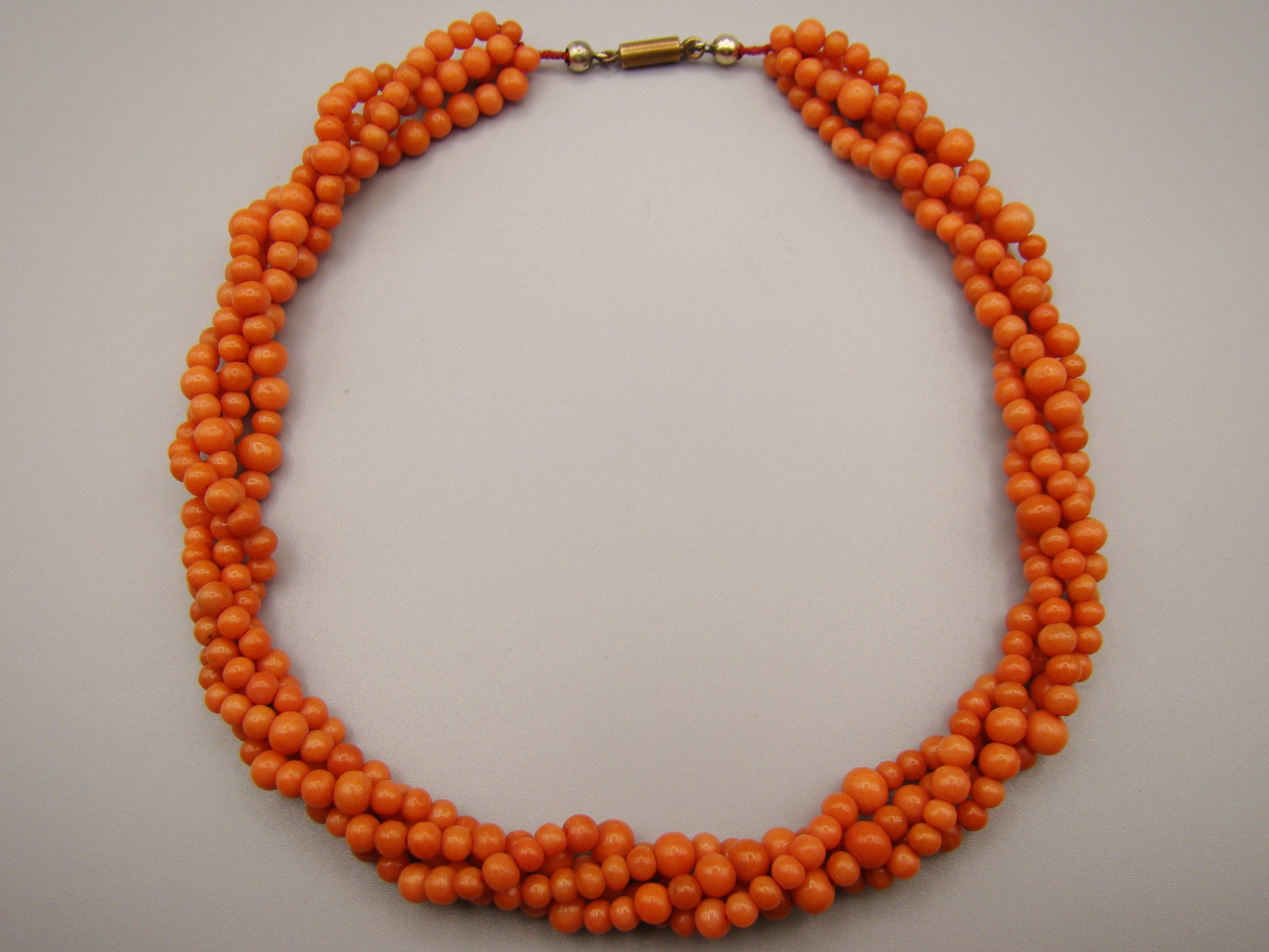 antique coral, natural coral, undyed coral, dark orange coral, Italian coral, pacific coral, Sardinian Coral, sea coral, Mediterranean coral, Mediterranean orange, handcarved coral, orange coral, 14 karat gold clasp, coral necklace, coral chain