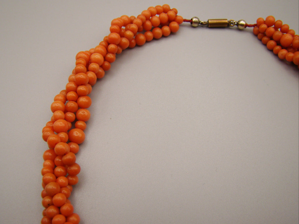 antique coral, natural coral, undyed coral, dark orange coral, Italian coral, pacific coral, Sardinian Coral, sea coral, Mediterranean coral, Mediterranean orange, handcarved coral, orange coral, 14 karat gold clasp, coral necklace, coral chain
