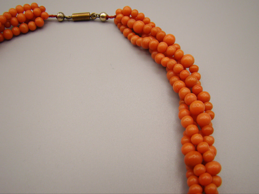antique coral, natural coral, undyed coral, dark orange coral, Italian coral, pacific coral, Sardinian Coral, sea coral, Mediterranean coral, Mediterranean orange, handcarved coral, orange coral, 14 karat gold clasp, coral necklace, coral chain